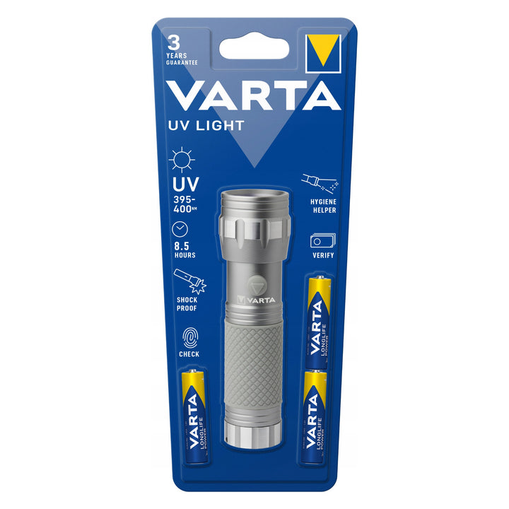 UV-LED-lommelygte 15638 i aluminium, UV-bølgelængde 395–400 nm, Multi LED-teknologi + Varta-batterier medfølger