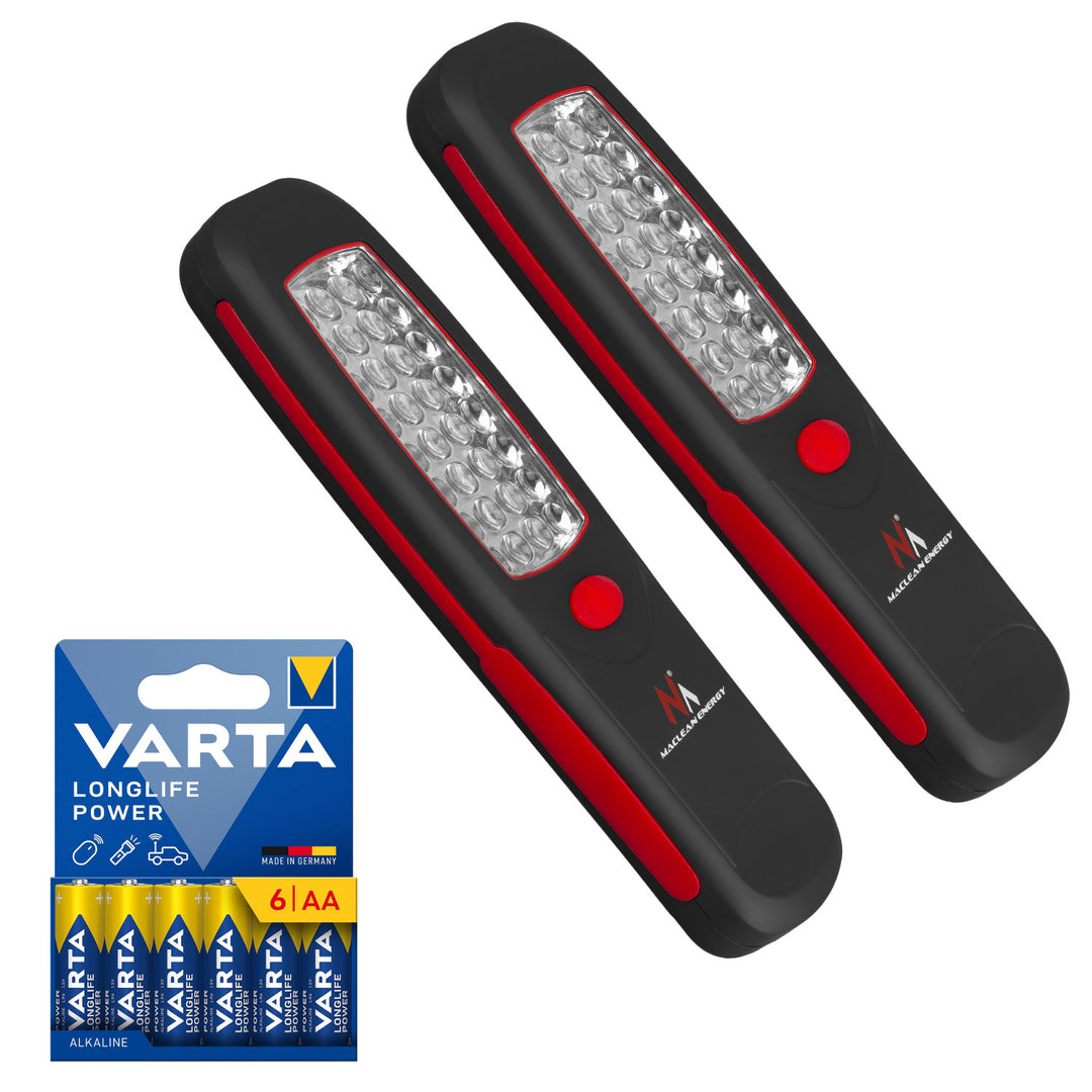 2 stk. Maclean-værkstedslampe med 24 LED, magnet, krog, MCE03 + 6 stk. R-06-batterier (R06, AA, LR06) 1,5 V VARTA Longlife Power