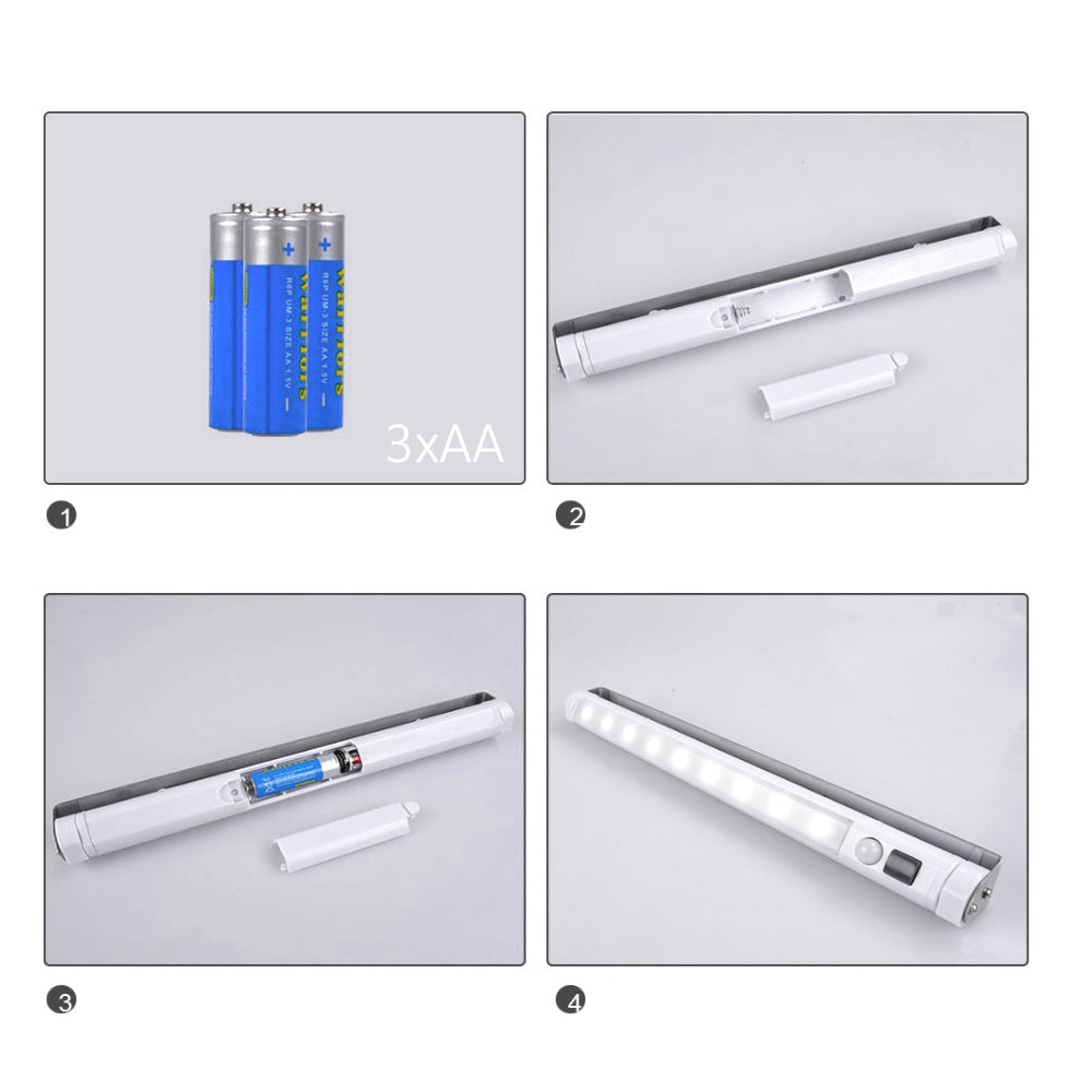 2 stk. Maclean LED-køkkenlampe, til montering under skab, 9 SMD, batteridrevet, PIR-sensor med tænd/sluk-funktion, MCE166 + 6 stk. R-06/AA/LR06-batterier, 1,5 V, VARTA Longlife Power
