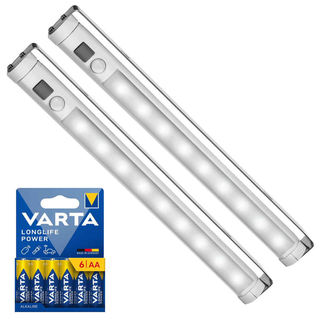 2 stk. Maclean LED-køkkenlampe, til montering under skab, 9 SMD, batteridrevet, PIR-sensor med tænd/sluk-funktion, MCE166 + 6 stk. R-06/AA/LR06-batterier, 1,5 V, VARTA Longlife Power