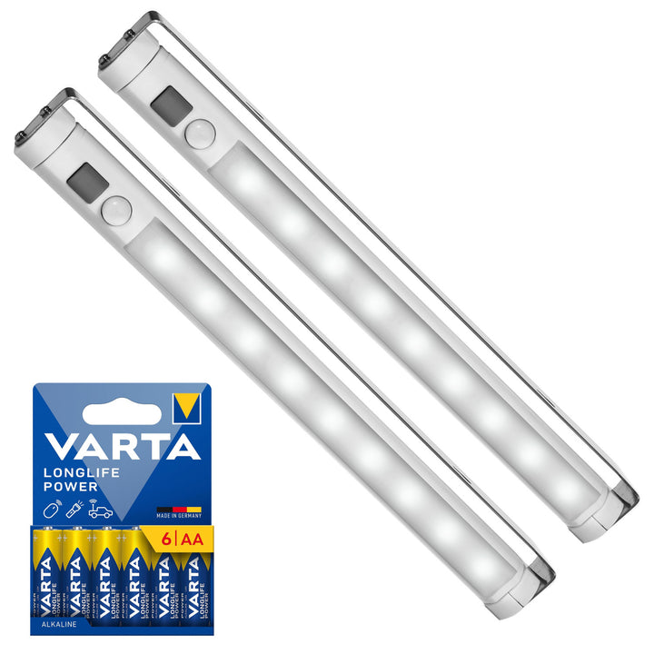 2 stk. Maclean LED-køkkenlampe, til montering under skab, 9 SMD, batteridrevet, PIR-sensor med tænd/sluk-funktion, MCE166 + 6 stk. R-06/AA/LR06-batterier, 1,5 V, VARTA Longlife Power