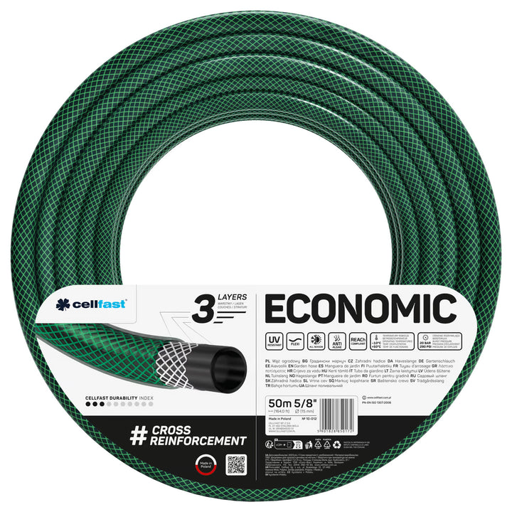 Cellfast haveslange, 3-lags, med krydsflettet polyesterflet, 5/8", 50 m, Economic