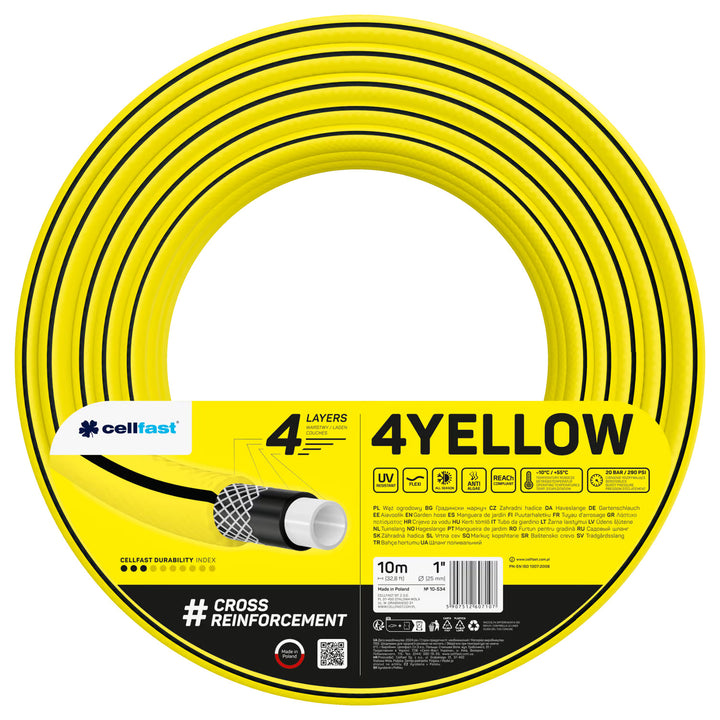 Cellfast haveslange, 4-lags, UV-bestandig, diameter 1", længde 10 m, 4YELLOW