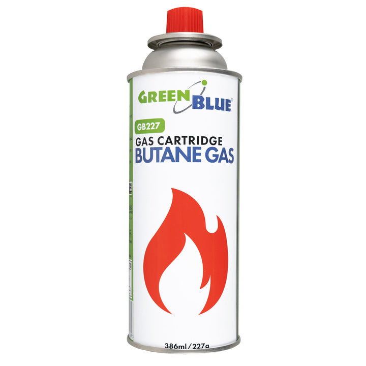 2 stk. GreenBlue-gaspatroner à 227 g. Certifikat: Pi 0875, overholder standarden EN417, butan, anvendelsestemperatur -10 °C til +40 °C, GB227