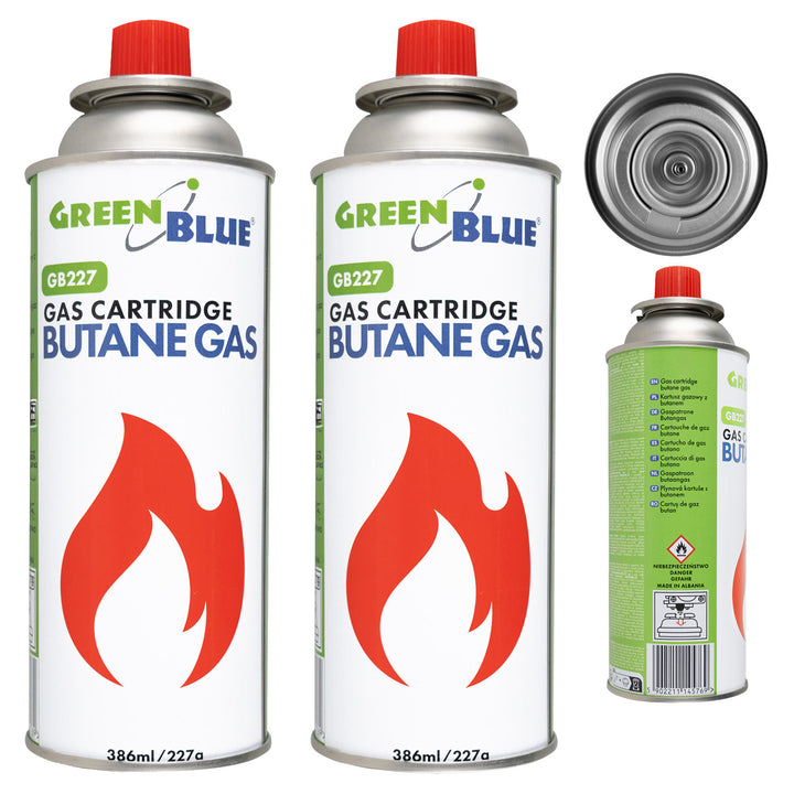 2 stk. GreenBlue-gaspatroner à 227 g. Certifikat: Pi 0875, overholder standarden EN417, butan, anvendelsestemperatur -10 °C til +40 °C, GB227