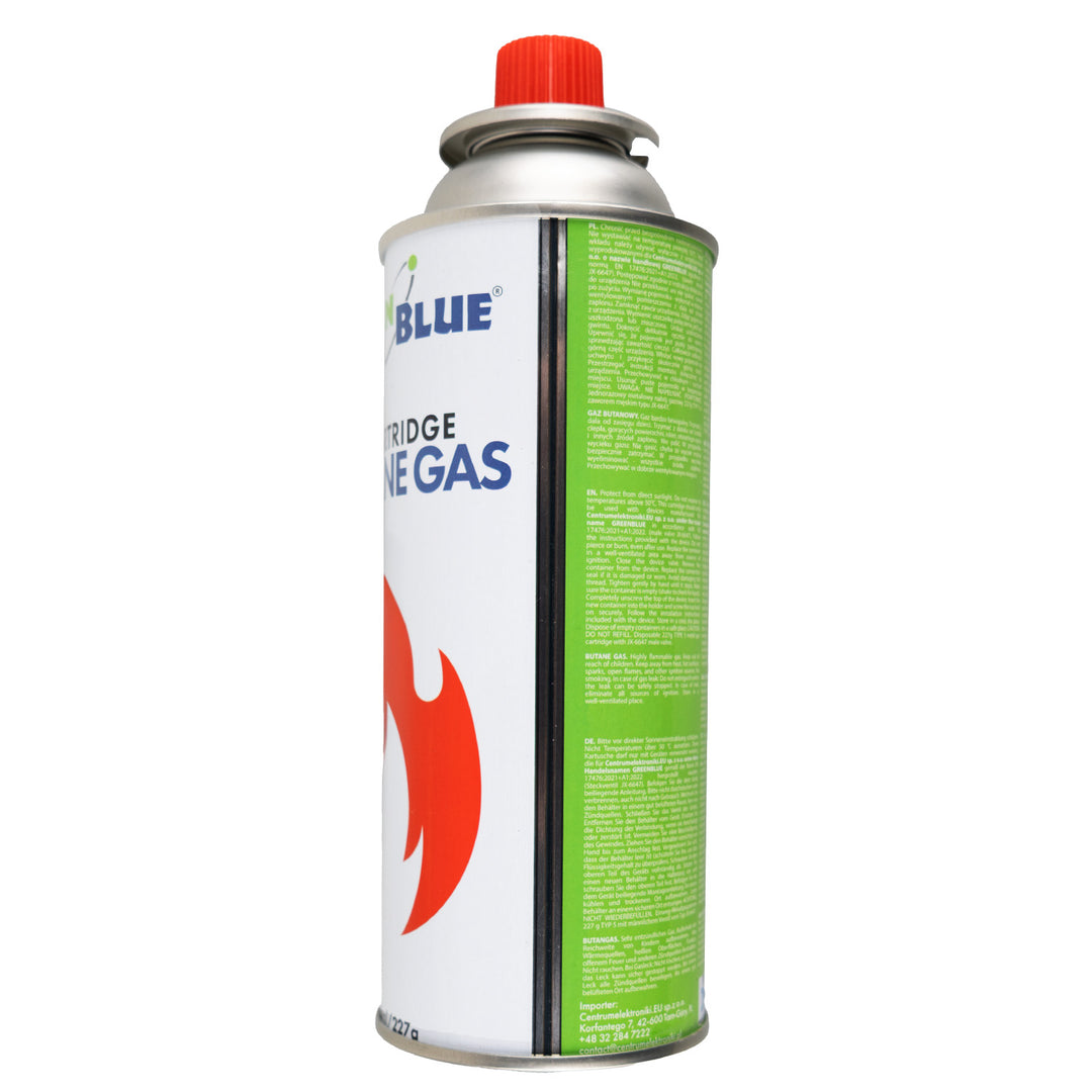 4 stk. GreenBlue-gaspatroner à 227 g. Certifikat: Pi 0875, overholder standarden EN417, butan, anvendelsestemperatur -10 °C til +40 °C, GB227