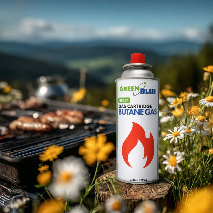4 stk. GreenBlue-gaspatroner à 227 g. Certifikat: Pi 0875, overholder standarden EN417, butan, anvendelsestemperatur -10 °C til +40 °C, GB227