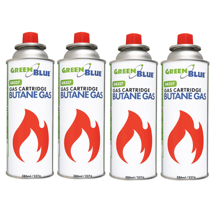 4 stk. GreenBlue-gaspatroner à 227 g. Certifikat: Pi 0875, overholder standarden EN417, butan, anvendelsestemperatur -10 °C til +40 °C, GB227