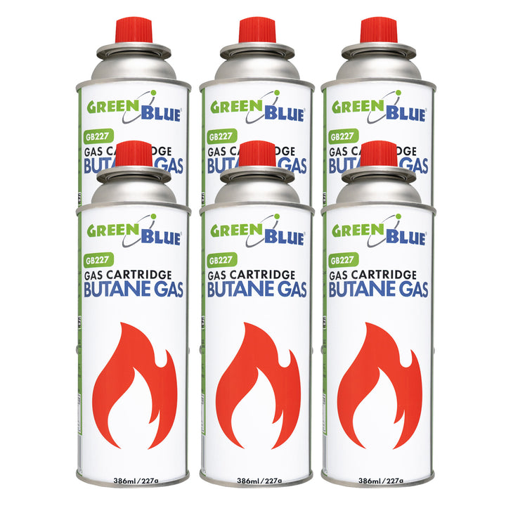 6 stk. GreenBlue-gaspatroner à 227 g. Certifikat: Pi 0875, overholder standarden EN 417, butan, anvendelsestemperatur -10 °C til +40 °C, GB227