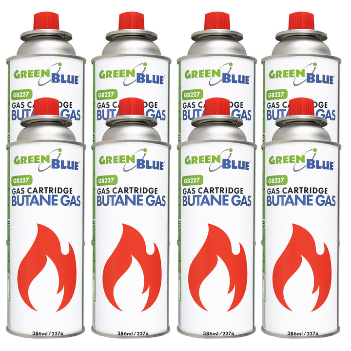 8 stk. GreenBlue-gaspatroner à 227 g. Certifikat: Pi 0875, overholder standarden EN417, butan, anvendelsestemperatur -10 °C til +40 °C, GB227