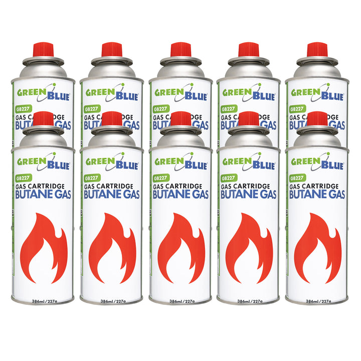 10 stk. GreenBlue-gaspatroner à 227 g. Certifikat: Pi 0875, overholder standarden EN417, butan, anvendelsestemperatur -10 °C til +40 °C, GB227