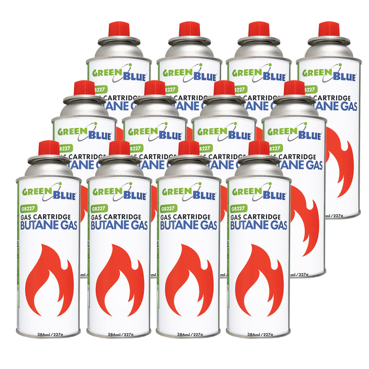 12 stk. GreenBlue-gaspatroner à 227 g. Certifikat: Pi 0875, overholder standarden EN417, butan, anvendelsestemperatur -10 °C til +40 °C, GB227