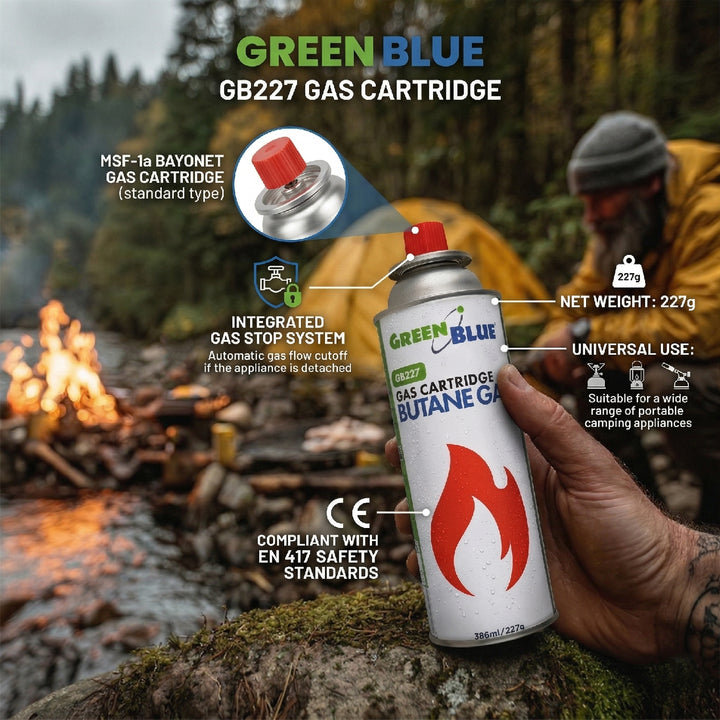 14 stk. GreenBlue-gaspatroner à 227 g. Certifikat: Pi 0875, overholder standarden EN 417, butan, anvendelsestemperatur -10 °C til +40 °C, GB227