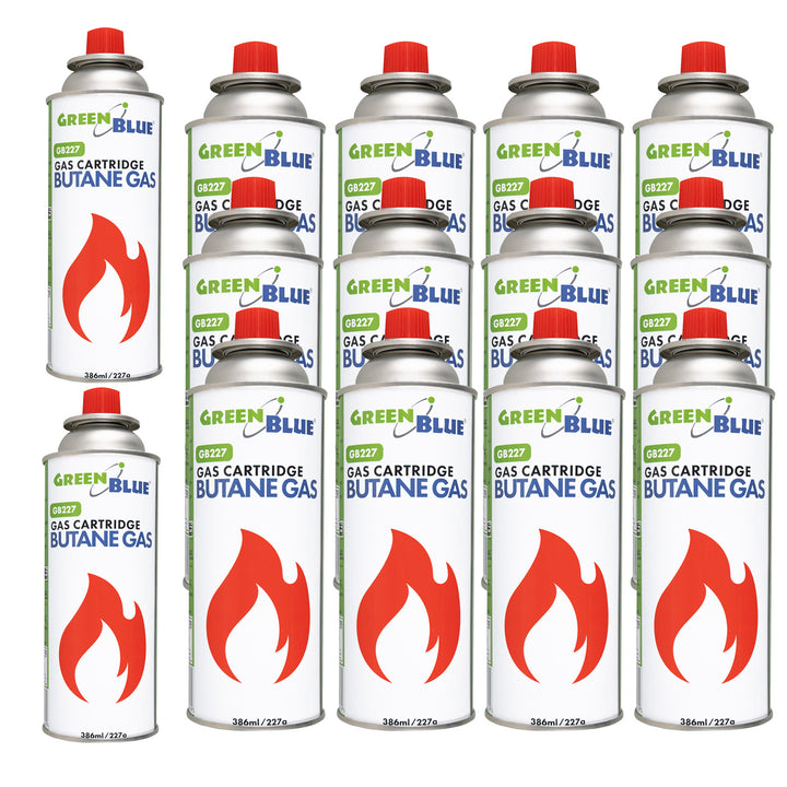14 stk. GreenBlue-gaspatroner à 227 g. Certifikat: Pi 0875, overholder standarden EN 417, butan, anvendelsestemperatur -10 °C til +40 °C, GB227