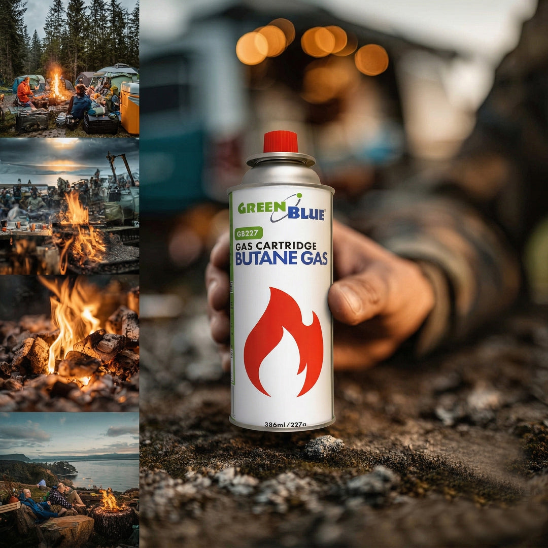 16 stk. GreenBlue-gaspatroner à 227 g. Certifikat: Pi 0875, overholder standarden EN 417, butan, anvendelsestemperatur -10 °C til +40 °C, GB227
