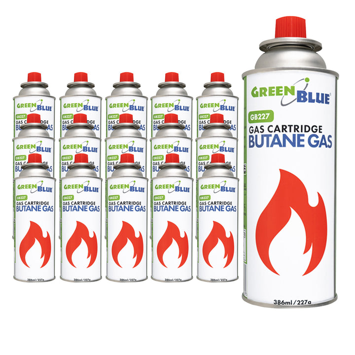 16 stk. GreenBlue-gaspatroner à 227 g. Certifikat: Pi 0875, overholder standarden EN 417, butan, anvendelsestemperatur -10 °C til +40 °C, GB227