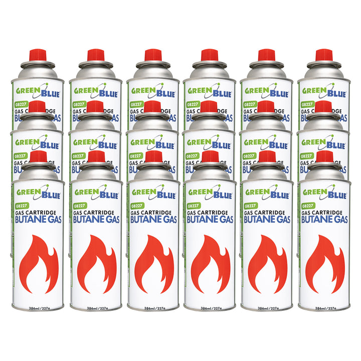 18 stk. GreenBlue-gaspatroner à 227 g. Certifikat: Pi 0875, overholder standarden EN417, butan, anvendelsestemperatur -10 °C til +40 °C, GB227