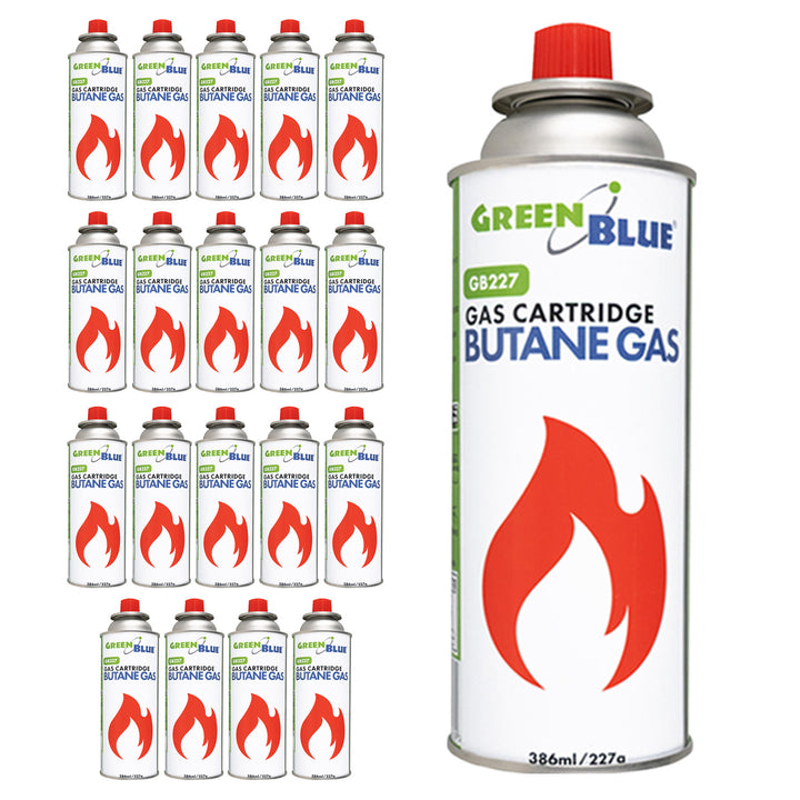 20 stk. GreenBlue-gaspatroner à 227 g. Certifikat: Pi 0875, overholder standarden EN417, butan, anvendelsestemperatur -10 °C til +40 °C, GB227