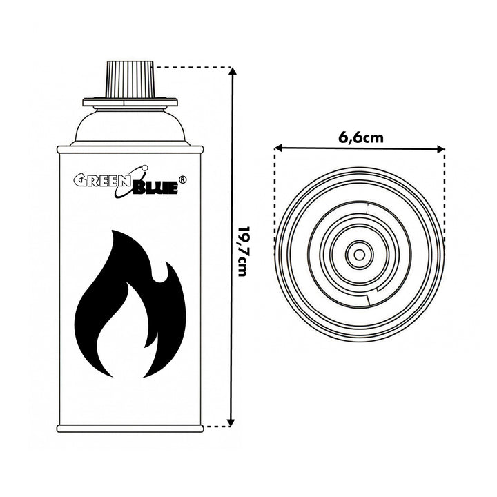 28 stk. GreenBlue-gaspatroner à 227 g. Certifikat: Pi 0875, overholder standarden EN417, butan, anvendelsestemperatur -10 °C til +40 °C, GB227