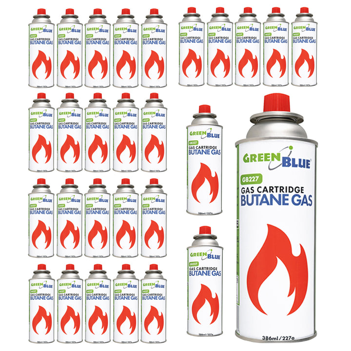 28 stk. GreenBlue-gaspatroner à 227 g. Certifikat: Pi 0875, overholder standarden EN417, butan, anvendelsestemperatur -10 °C til +40 °C, GB227
