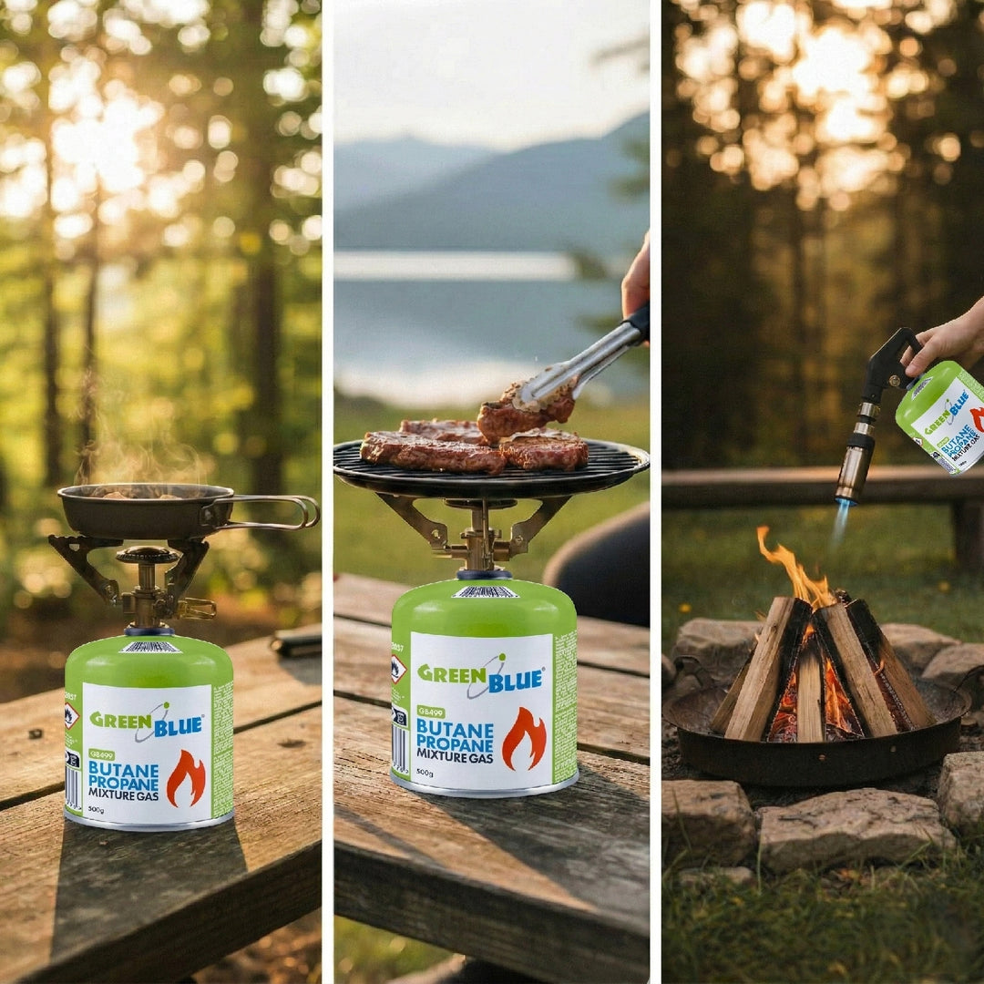 2 stk. GreenBlue-gaspatroner à 500 g. Certifikat: Pi 0437, overholder EN417, butan-propan, temperaturområde -10 °C til +40 °C, gevindventil 7/16'' GB499