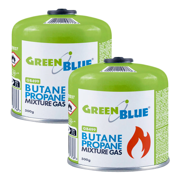 2 stk. GreenBlue-gaspatroner à 500 g. Certifikat: Pi 0437, overholder EN417, butan-propan, temperaturområde -10 °C til +40 °C, gevindventil 7/16'' GB499