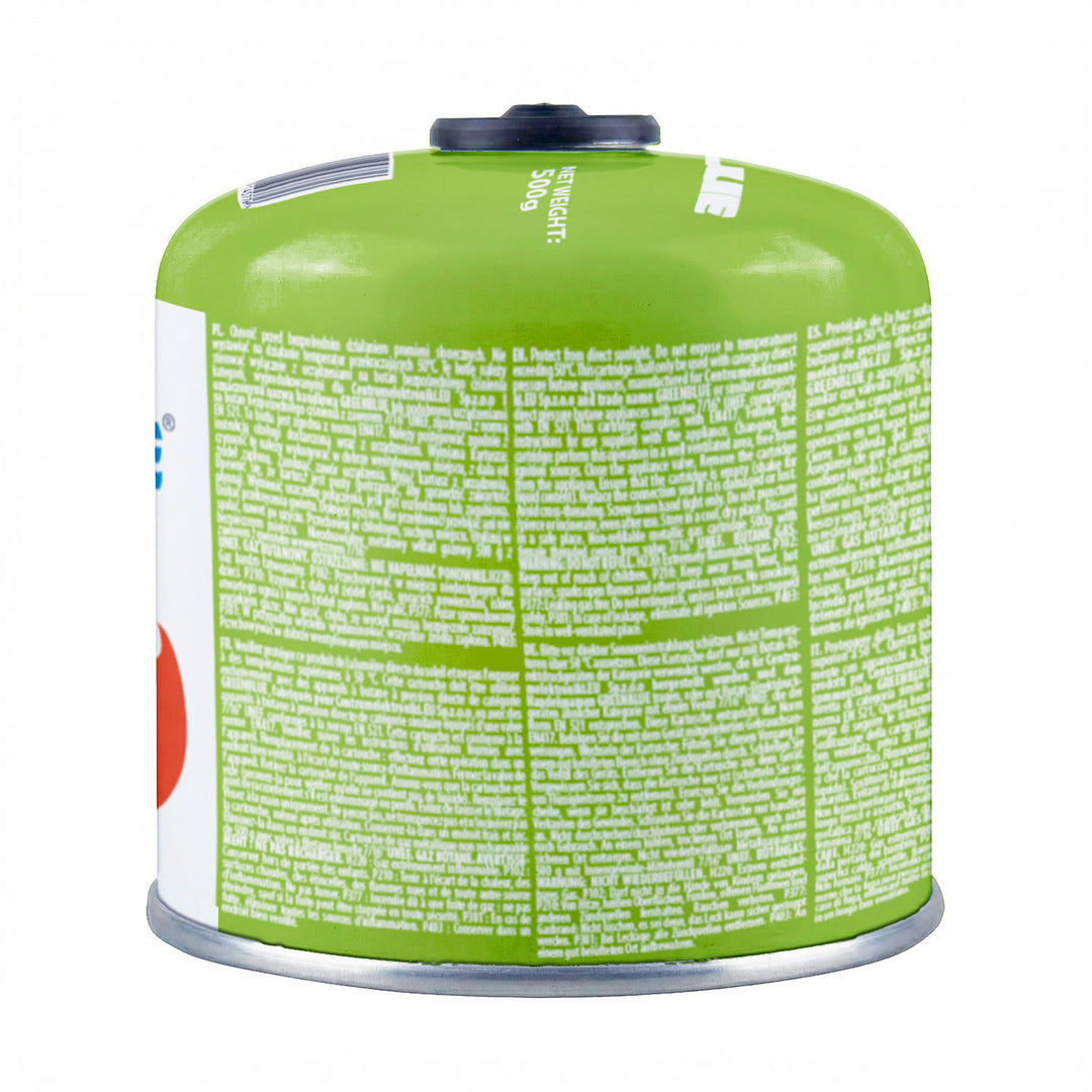 4 stk. GreenBlue-gaspatroner à 500 g. Certifikat: Pi 0437, overholder EN 417, butan-propan, anvendelsestemperatur -10 °C til +40 °C, gevindventil 7/16'' GB499