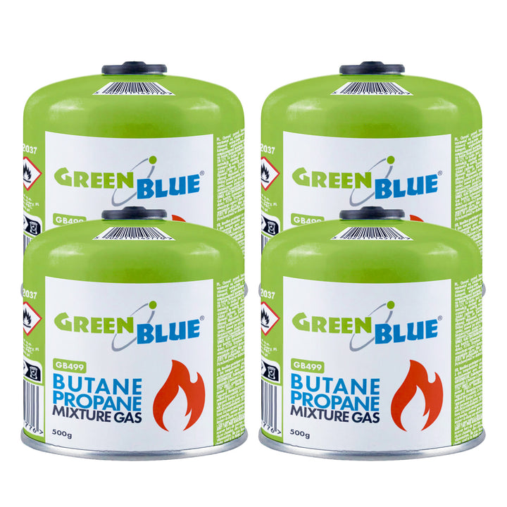 4 stk. GreenBlue-gaspatroner à 500 g. Certifikat: Pi 0437, overholder EN 417, butan-propan, anvendelsestemperatur -10 °C til +40 °C, gevindventil 7/16'' GB499