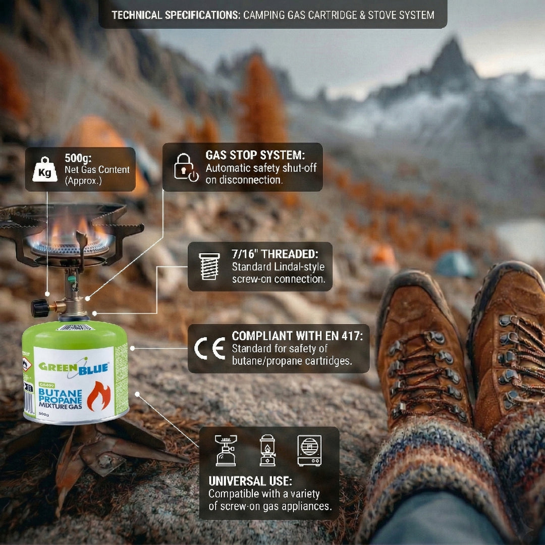 6 stk. GreenBlue-gaspatroner à 500 g. Certifikat: Pi 0437, overholder EN417, butan-propan, temperaturområde -10 °C til +40 °C, gevindventil 7/16'' GB499