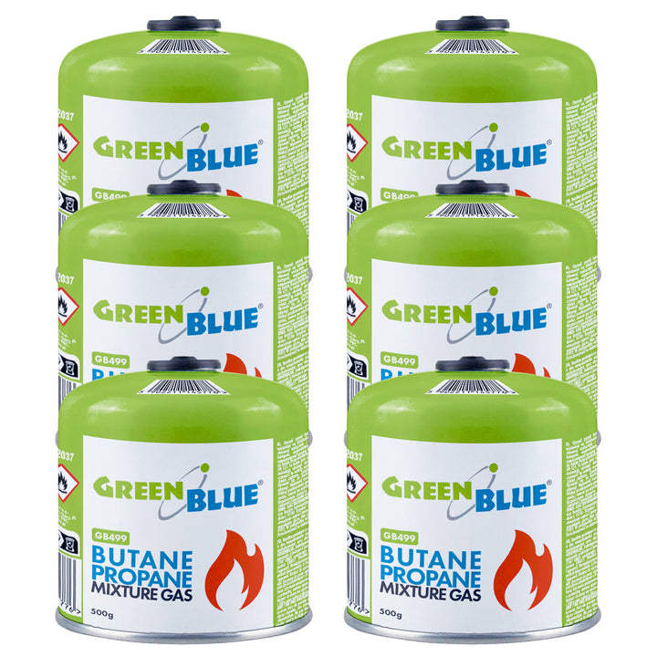 6 stk. GreenBlue-gaspatroner à 500 g. Certifikat: Pi 0437, overholder EN417, butan-propan, temperaturområde -10 °C til +40 °C, gevindventil 7/16'' GB499