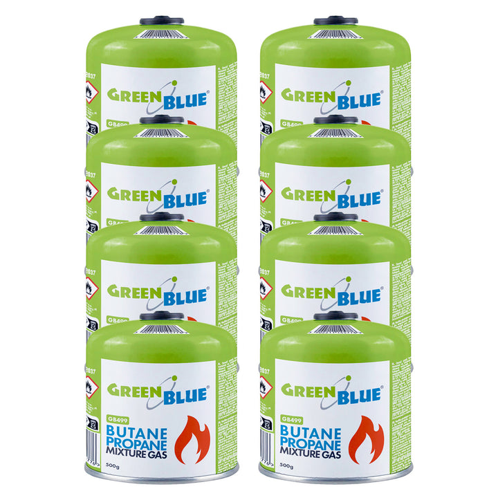 8 stk. GreenBlue-gaspatroner à 500 g. Certifikat: Pi 0437, overholder EN 417, butan-propan, anvendelsestemperatur -10 °C til +40 °C, gevindventil 7/16'' GB499