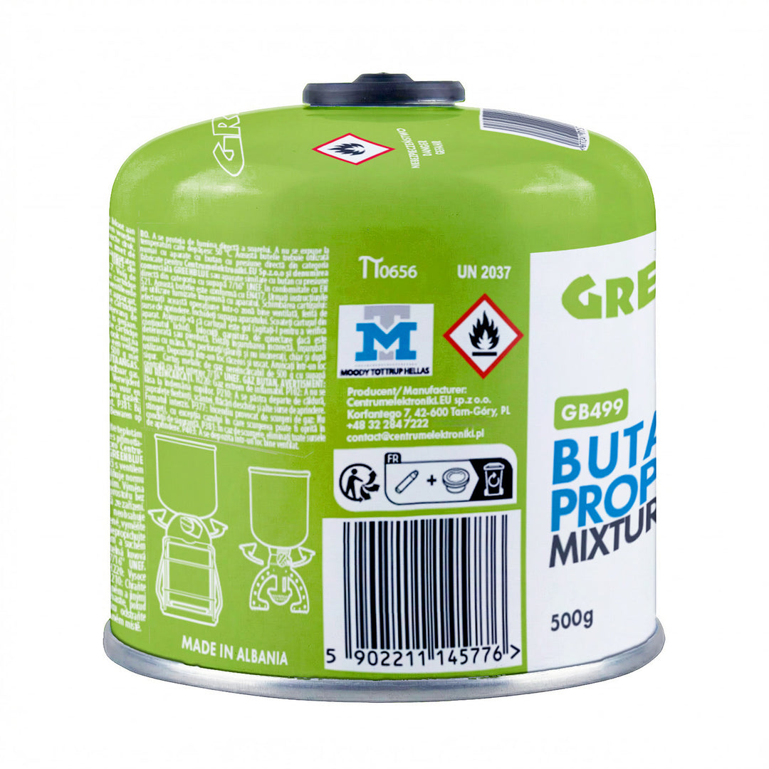 10 stk. GreenBlue-gaspatroner à 500 g. Certifikat: Pi 0437, overholder EN417, butan-propan, temperaturområde -10 °C til +40 °C, gevindventil 7/16'' GB499