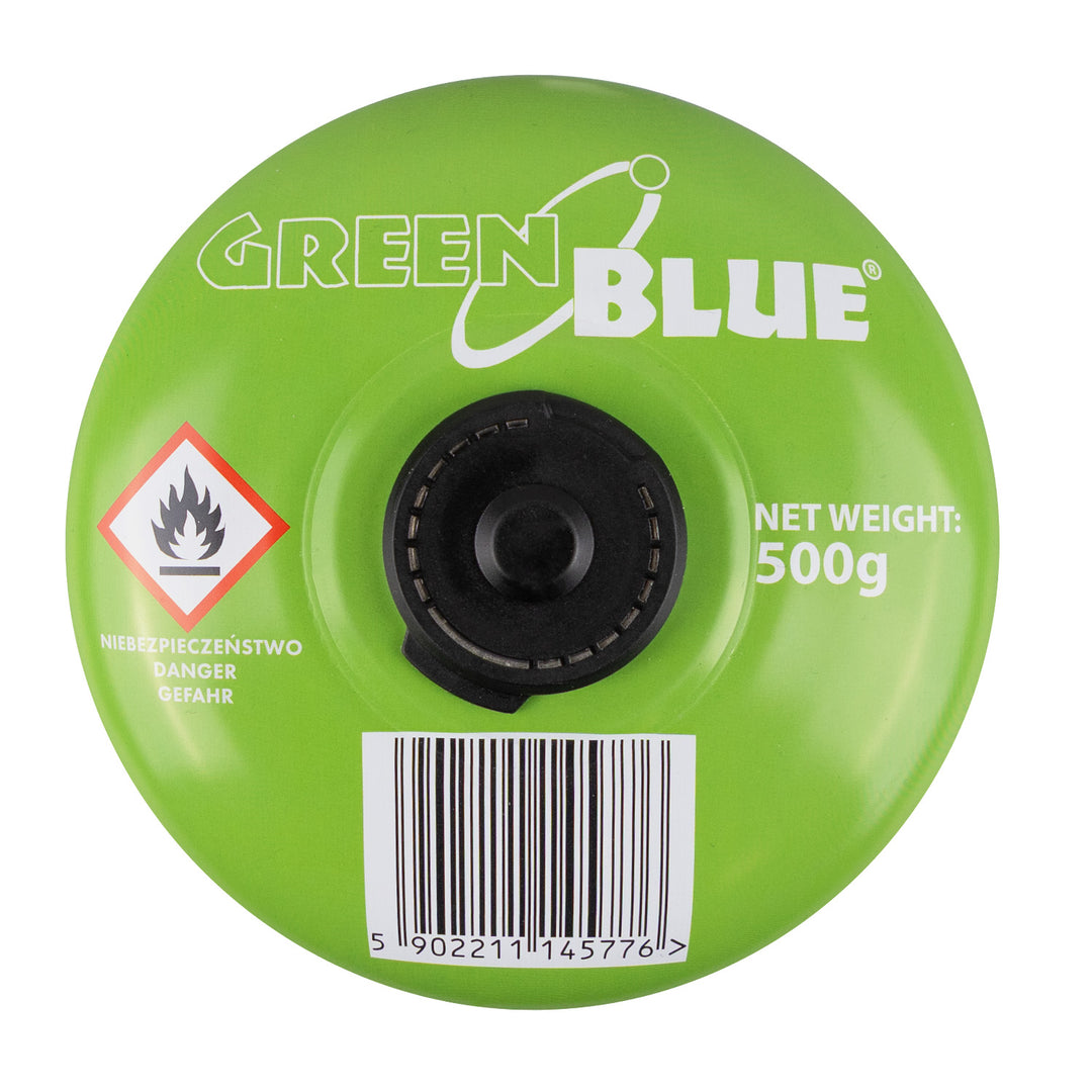 10 stk. GreenBlue-gaspatroner à 500 g. Certifikat: Pi 0437, overholder EN417, butan-propan, temperaturområde -10 °C til +40 °C, gevindventil 7/16'' GB499