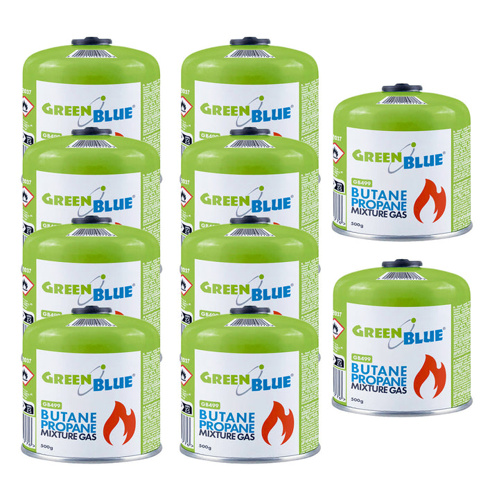 10 stk. GreenBlue-gaspatroner à 500 g. Certifikat: Pi 0437, overholder EN417, butan-propan, temperaturområde -10 °C til +40 °C, gevindventil 7/16'' GB499