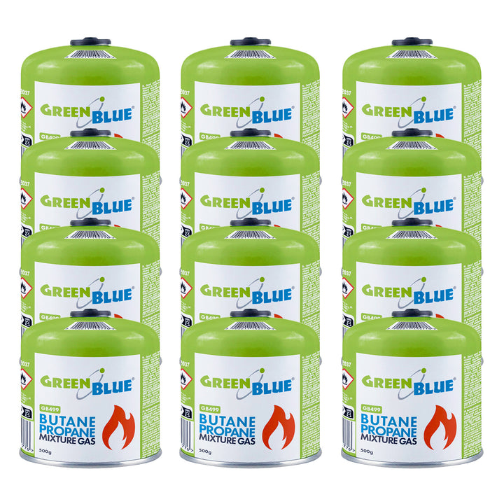 12 stk. GreenBlue-gaspatroner à 500 g. Certifikat: Pi 0437, overholder EN417, butan-propan, anvendelsestemperatur -10 °C til +40 °C, gevindventil 7/16'' GB499