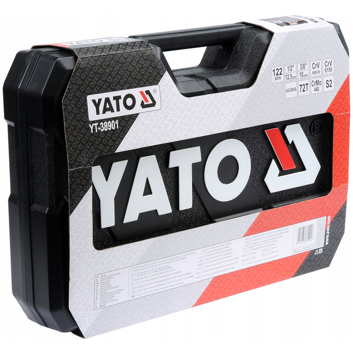 Professionelt værktøjssæt fra Yato, 122 dele (topnøgler, topstykker, skruetrækkere, hammer), skruetrækkere med magnetiske og hærdede spidser, YT-38901