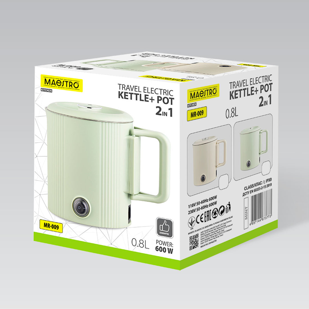Maestro elektrisk kedel/rejsegryde, 2-i-1, rumindhold 0,8 l, effekt 600 W, sammenklappelig håndtag, spændingsomskifter 110 V/230 V, mintfarvet, MR-009-MINT