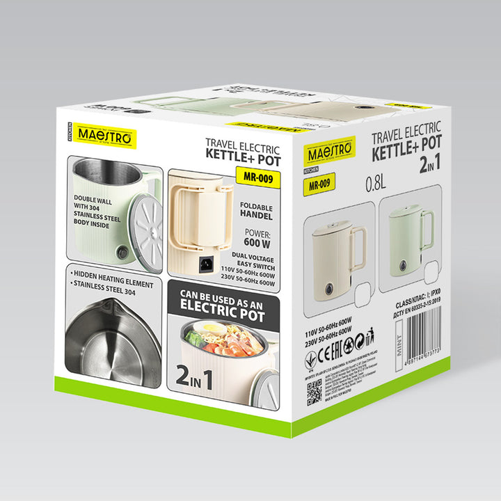 Maestro elektrisk kedel/rejsegryde, 2-i-1, rumindhold 0,8 l, effekt 600 W, sammenklappelig håndtag, spændingsomskifter 110 V/230 V, mintfarvet, MR-009-MINT