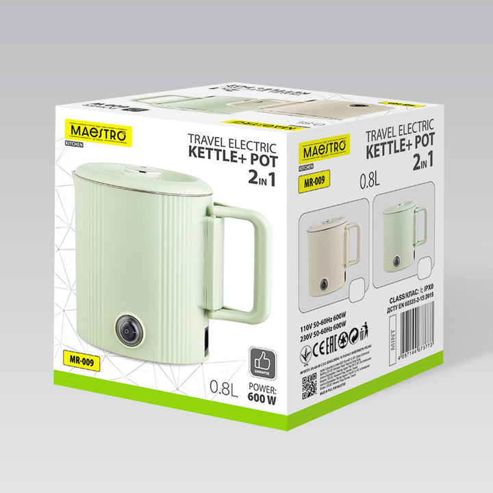 Maestro elektrisk kedel/rejsegryde, 2-i-1, rumindhold 0,8 l, effekt 600 W, sammenklappelig håndtag, spændingsomskifter 110 V/230 V, farve: beige, MR-009-BEIGE