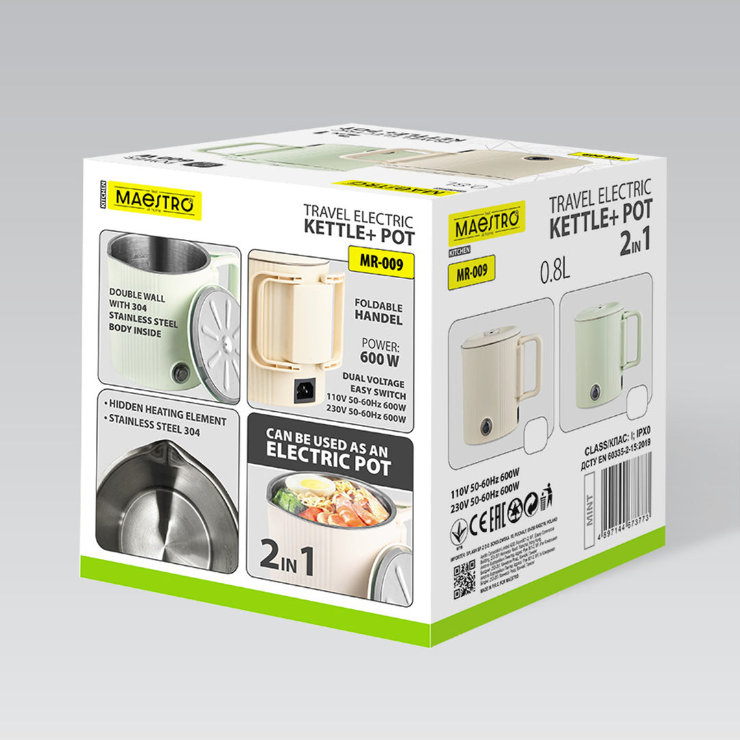 Maestro elektrisk kedel/rejsegryde, 2-i-1, rumindhold 0,8 l, effekt 600 W, sammenklappelig håndtag, spændingsomskifter 110 V/230 V, farve: beige, MR-009-BEIGE