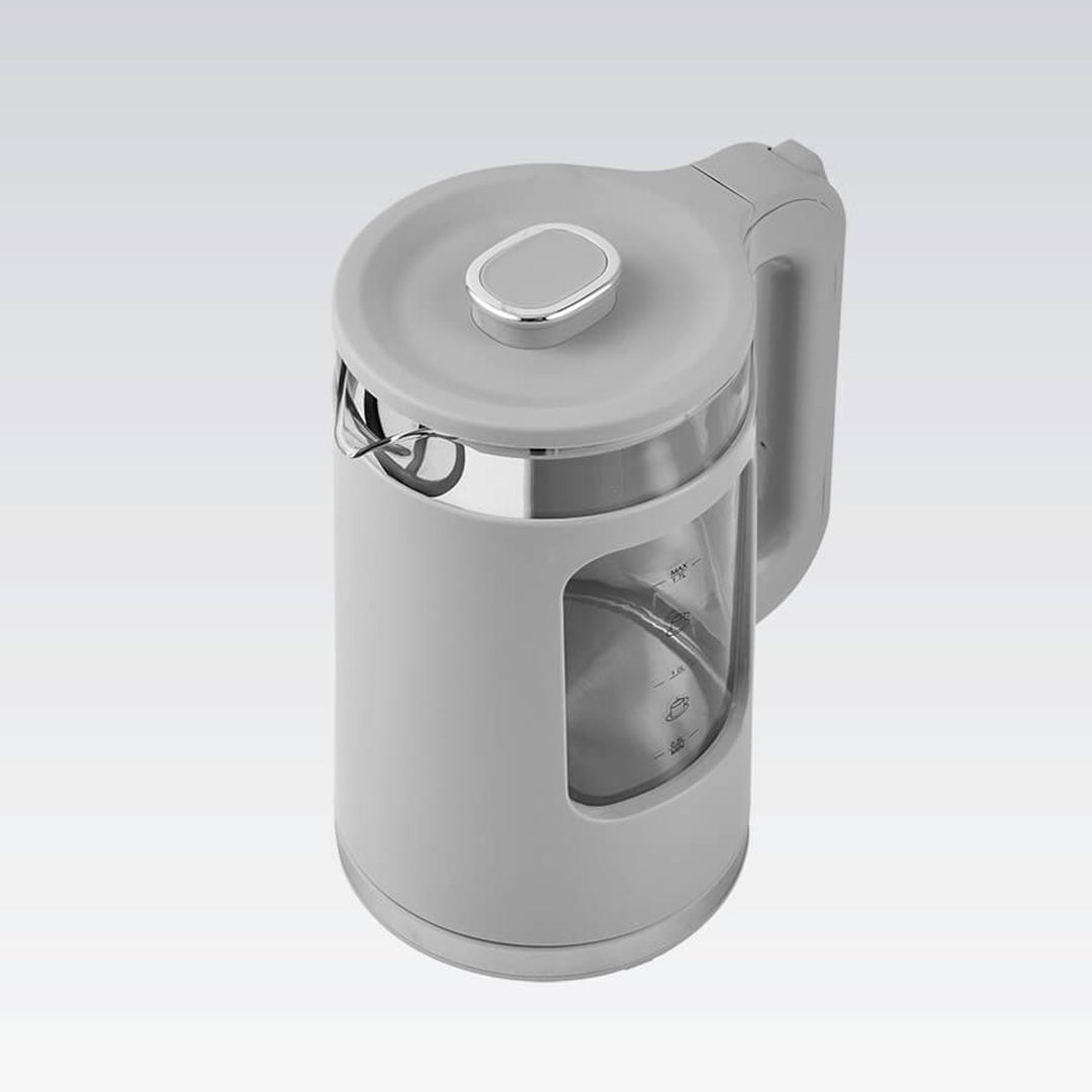 Maestro elektrisk vandkoger i glas, 1,7 l, 2200 W, vandstandsindikator, LED-belysning, drejelig fod, grå, MR-065-GREY