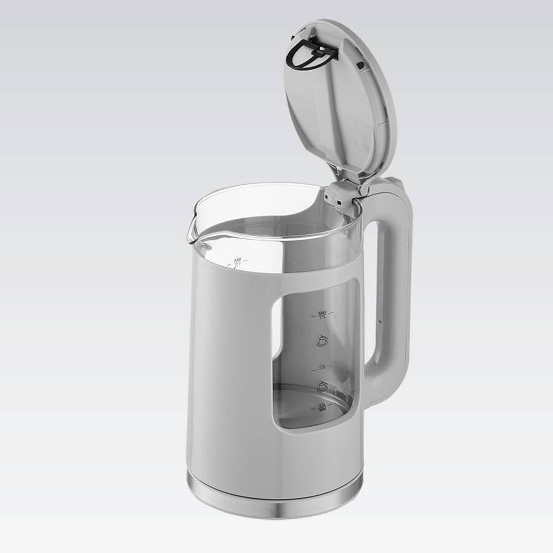 Maestro elektrisk vandkoger i glas, 1,7 l, 2200 W, vandstandsindikator, LED-belysning, drejelig fod, grå, MR-065-GREY