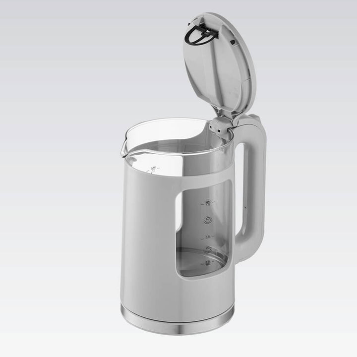 Maestro elektrisk vandkoger i glas, 1,7 l, 2200 W, vandstandsindikator, LED-belysning, drejelig fod, grå, MR-065-GREY
