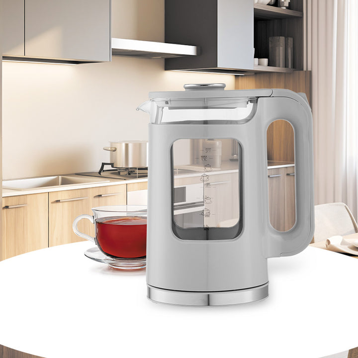 Maestro elektrisk vandkoger i glas, 1,7 l, 2200 W, vandstandsindikator, LED-belysning, drejelig fod, grå, MR-065-GREY