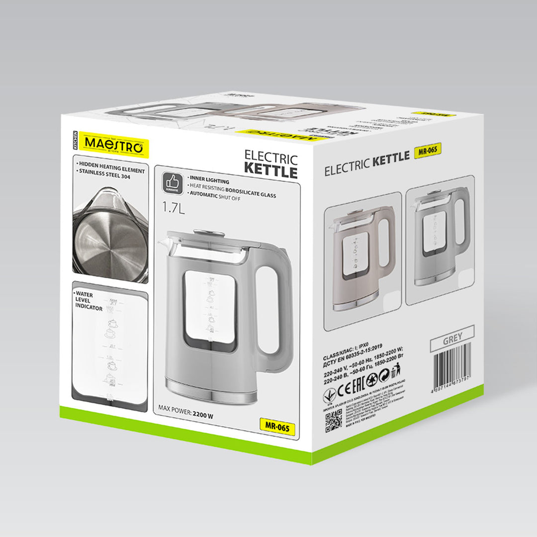 Maestro elektrisk vandkoger i glas, 1,7 l, 2200 W, vandstandsindikator, LED-belysning, drejelig fod, grå, MR-065-GREY