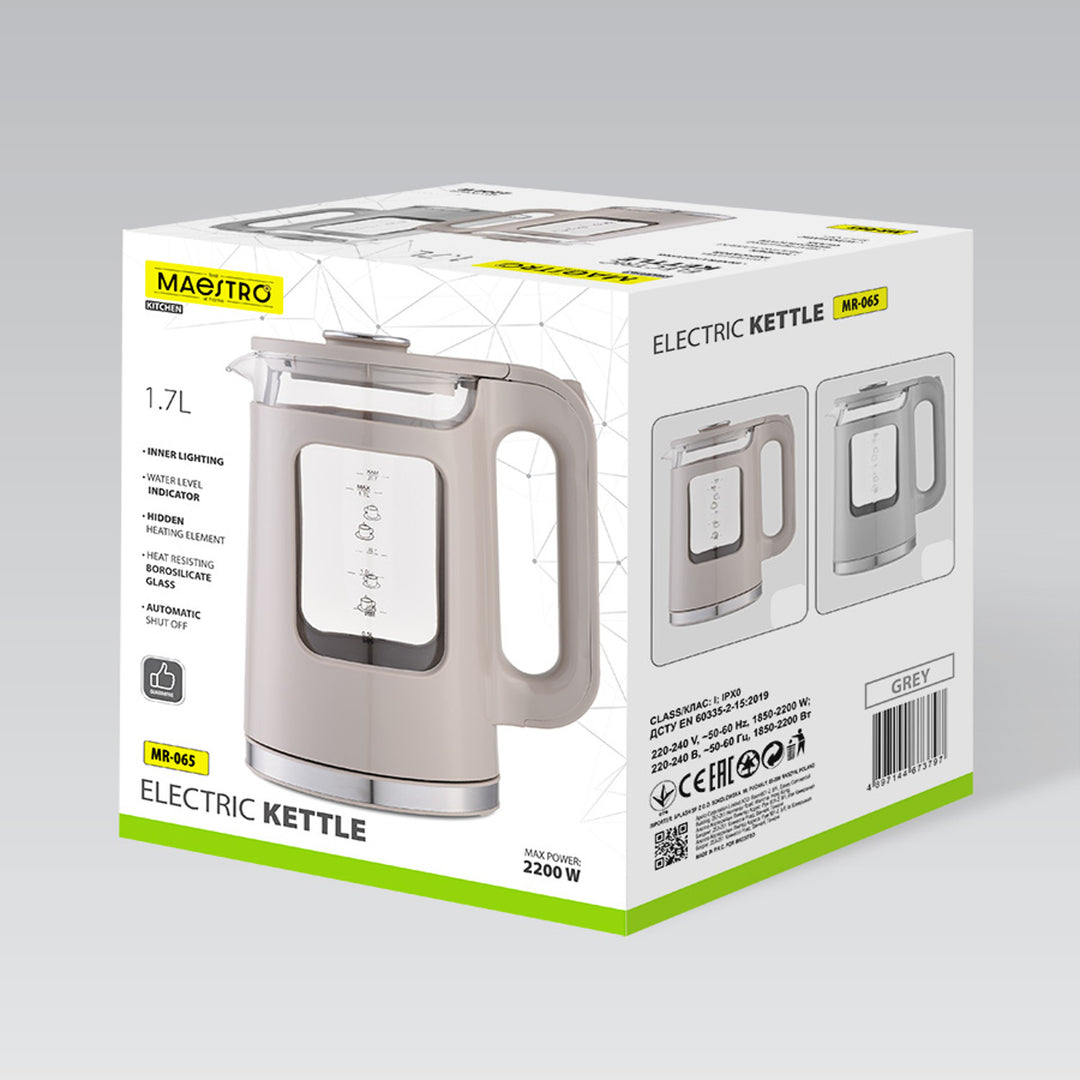 Maestro elektrisk vandkoger i glas, 1,7 l, 2200 W, vandstandsindikator, LED-belysning, drejelig fod, farve: beige, MR-065-BEIGE