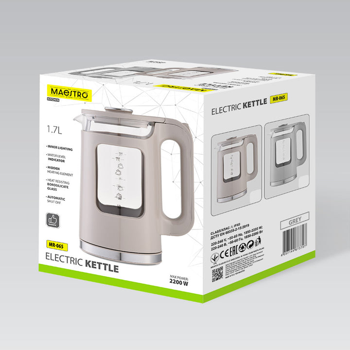 Maestro elektrisk vandkoger i glas, 1,7 l, 2200 W, vandstandsindikator, LED-belysning, drejelig fod, farve: beige, MR-065-BEIGE