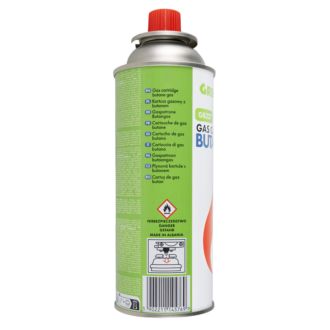 56 stk. GreenBlue-gaspatroner à 227 g. Certifikat: Pi 0875, overholder standarden EN417, butan, anvendelsestemperatur -10 °C til +40 °C, GB227
