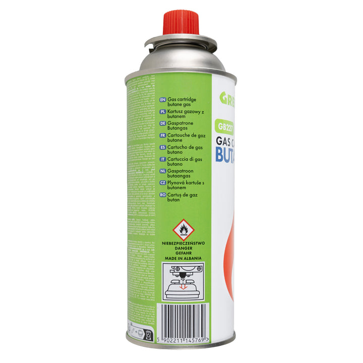 56 stk. GreenBlue-gaspatroner à 227 g. Certifikat: Pi 0875, overholder standarden EN417, butan, anvendelsestemperatur -10 °C til +40 °C, GB227