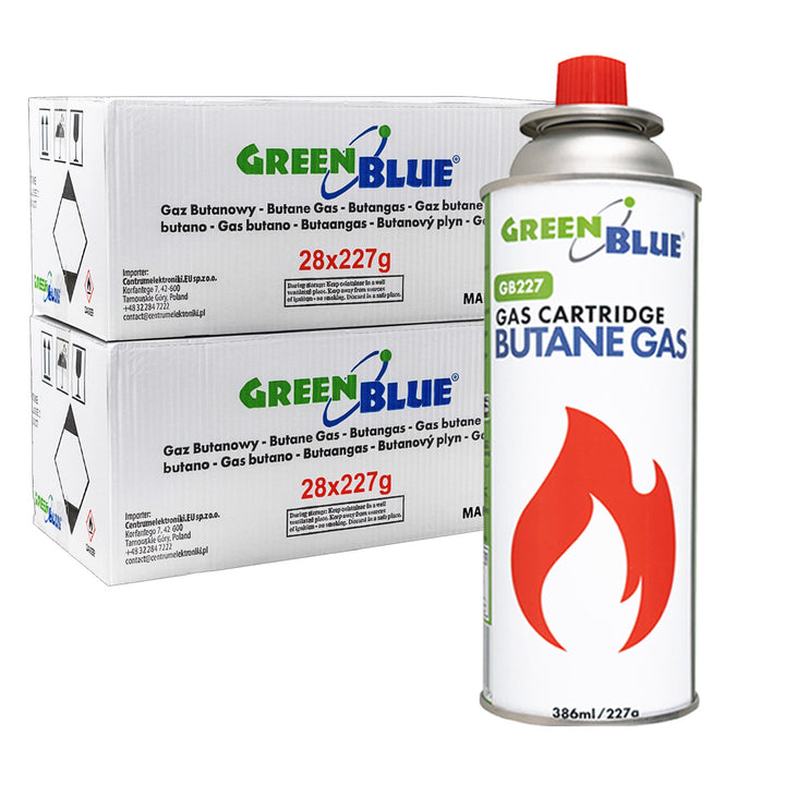 56 stk. GreenBlue-gaspatroner à 227 g. Certifikat: Pi 0875, overholder standarden EN417, butan, anvendelsestemperatur -10 °C til +40 °C, GB227